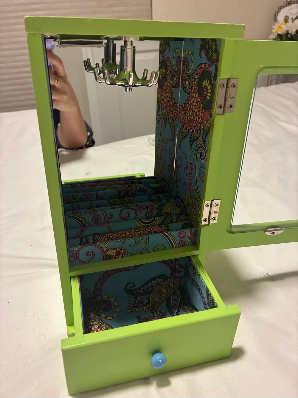 Retro Lime Green Jewelry Armoire with Drawer and Mirror